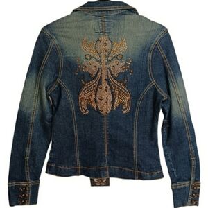 SWEET VIBES Rhinestone Cross Back Button Front Denim Jean Jacket Medium NWT